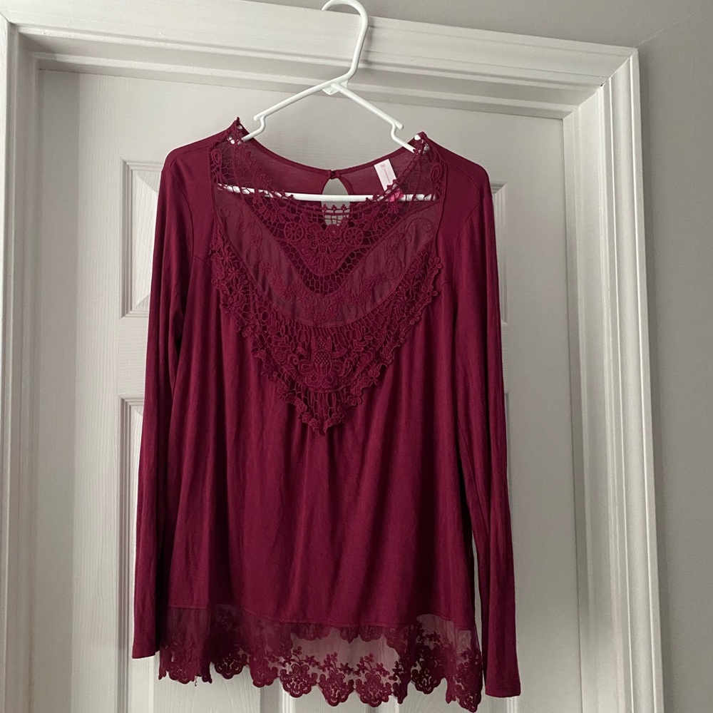 No Boundaries Burgundy Lace Trim Long Sleeve Blouse
